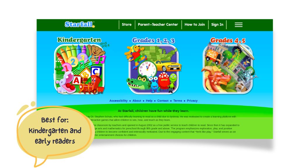 Starfall. For kindergarten and early readers