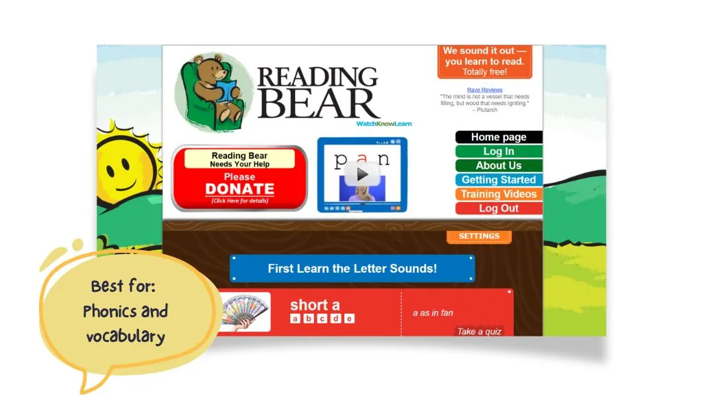 Reading Bear. For phonics and vocabulary