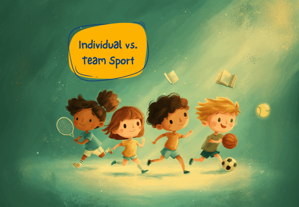 Illustration of children playing different team sports together